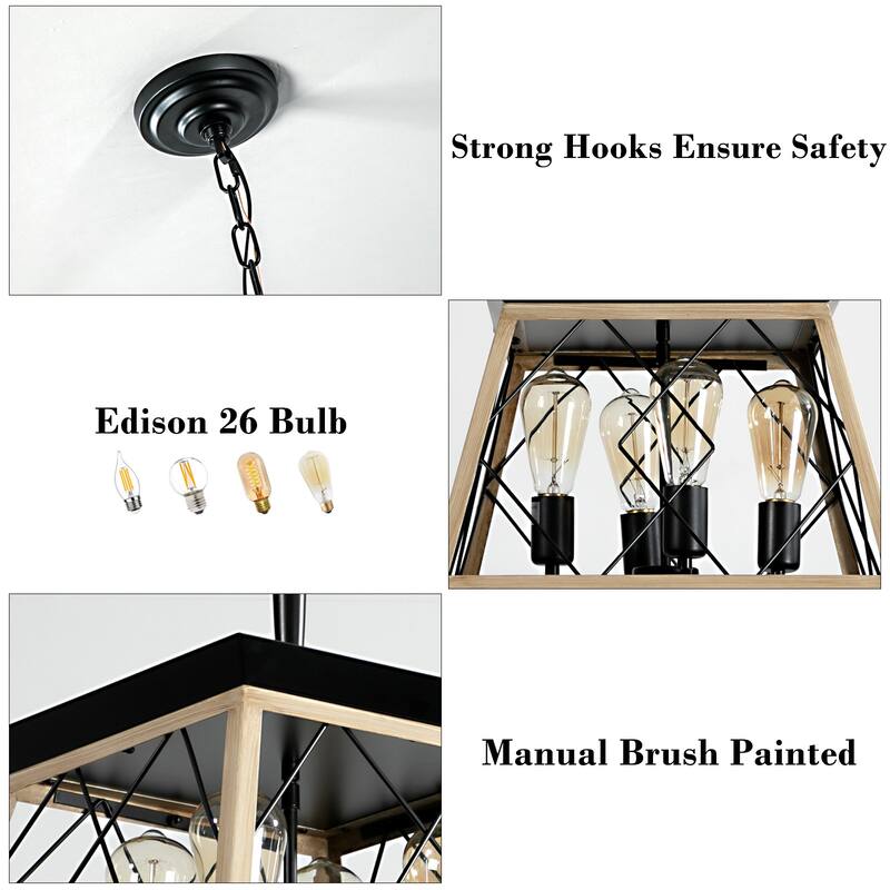 Farmhouse Vintage Chandelier, 4-Light Pendant Light, Industrial Hanging Light Fixture for Dining Room Kitchen Island, No Bulbs