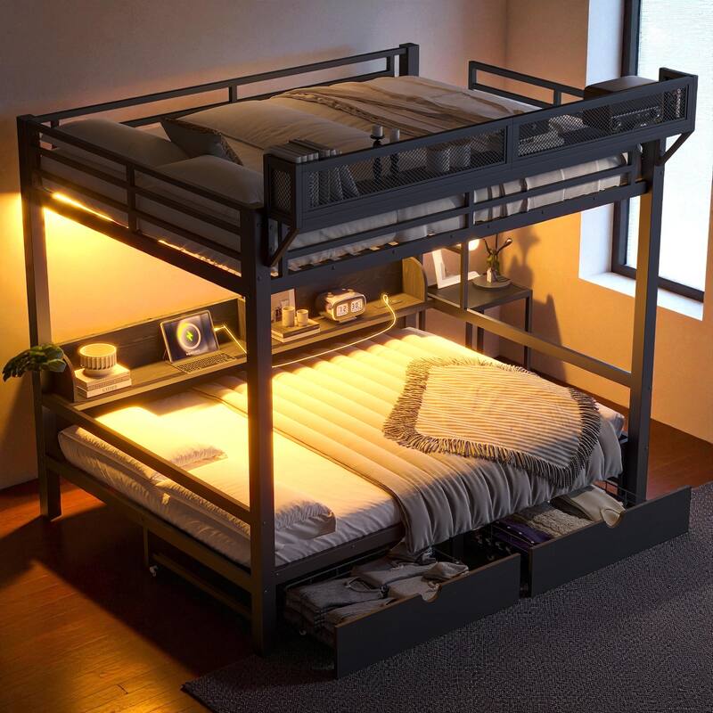 Queen over Queen/Twin XL over Twin XL Metal Bunk Bed with Storage Shelves, Drawers, USB Ports & LED Lights