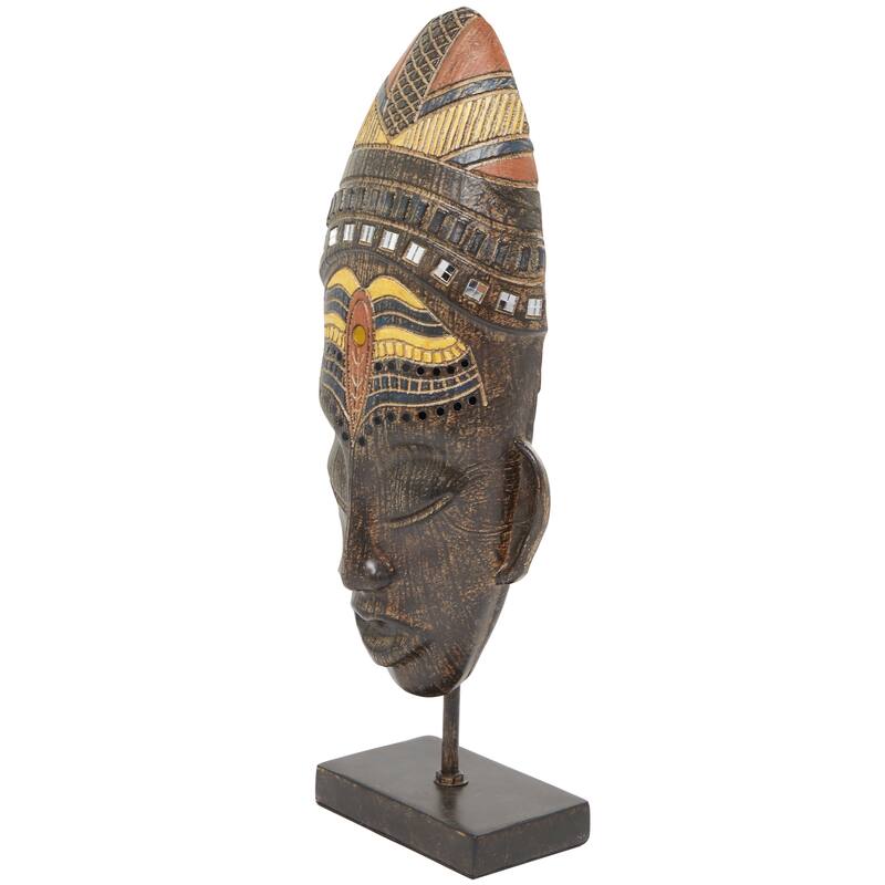 Brown Polystone Primitive African Mask and Standing African Woman Sculpture Wall Decor