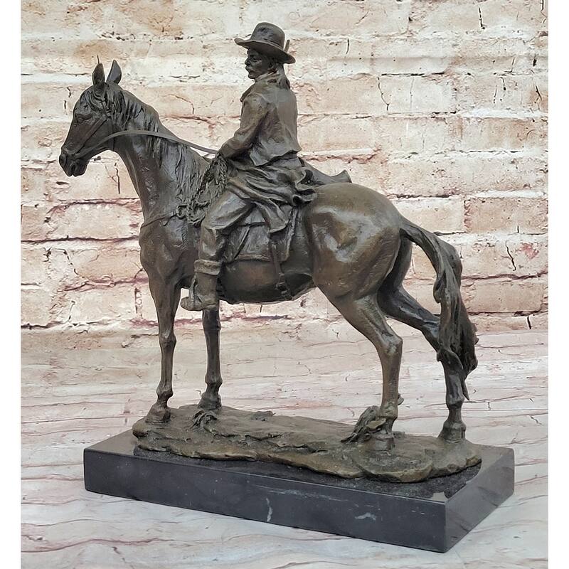 Bronze Remington Tribute Cowboy W/ Rifle Riding Horse Sculpture Statue Marble 12 Inches X 12 Inches