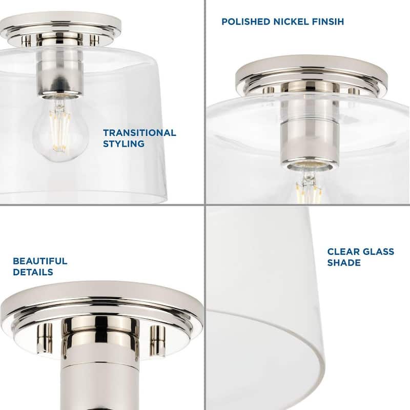 Adley Collection One-Light Polished Nickel Clear Glass New Traditional Flush Mount Light - 8.62 in x 8.62 in x 7.37 in