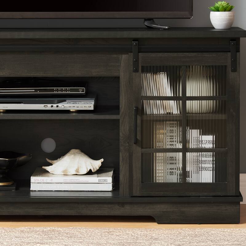 Multipurpose Sliding Door TV Stand Large Storage Cabinet with 2 Sliding Fluted Glass Tempered Doors, TV Up to 65''