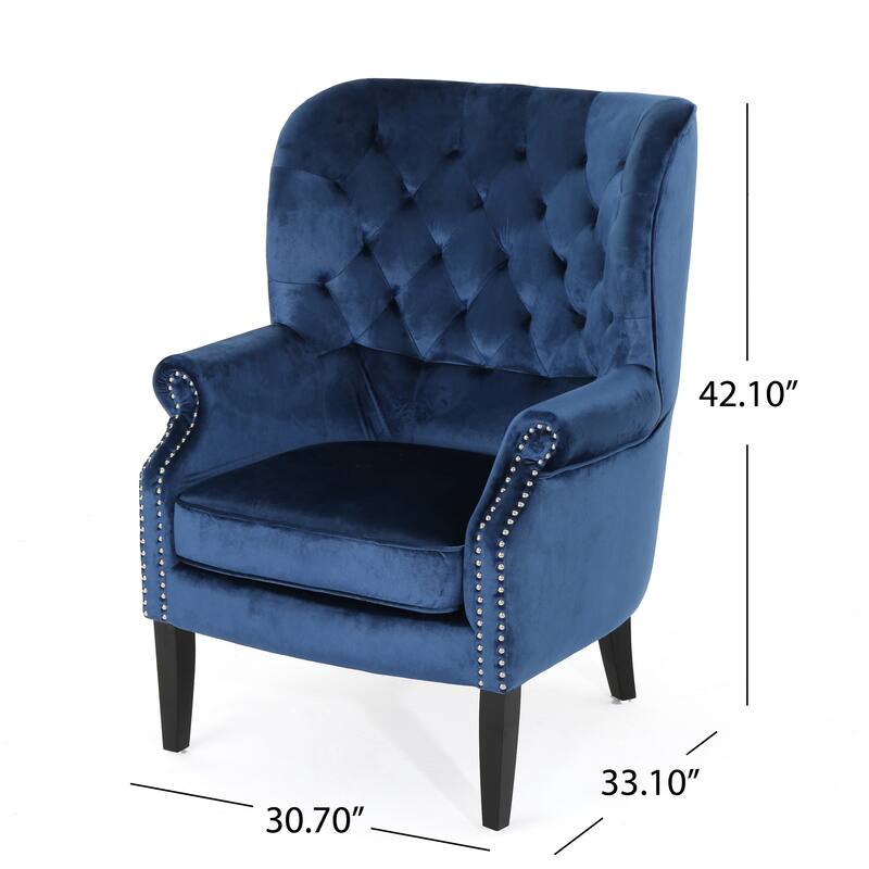 Modern 32" High Back Velvet Upholstered Button Tufted Club Chair with Birch Wood Legs and Nailheads