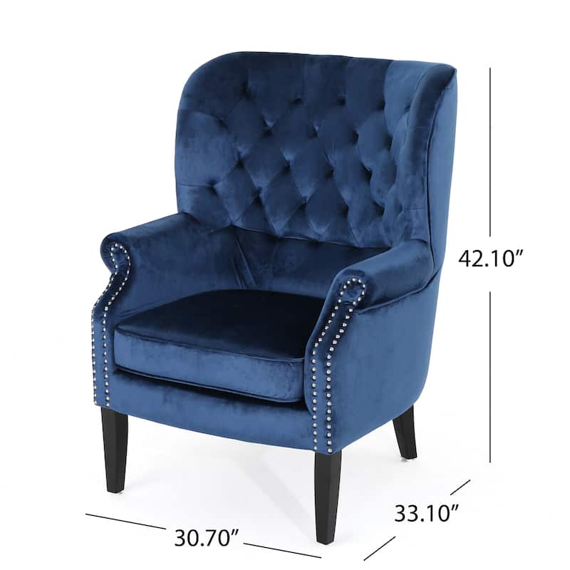 Roomfitters Velvet Tufted Accent Chair with Rolled Arms and Nailhead Trim, Classic Lounge Chair