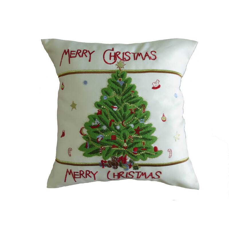 Violet Linen Embroidered Merry Christmas With Applique Christmas Tree Holly & Berries Pattern Decorative Cushion Cover - Christmas Tree
