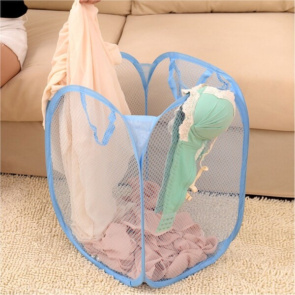 Home Foldable Pop Up Washing Clothes Storage Bag Box Mesh Laundry Basket Blue 