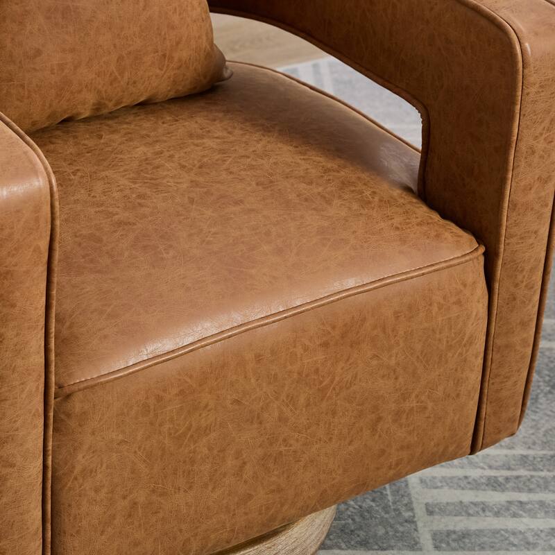 PU Leather Swivel Barrel Chair with Weathered Wood Base, 360° Rotation, and High-Density Foam Seat