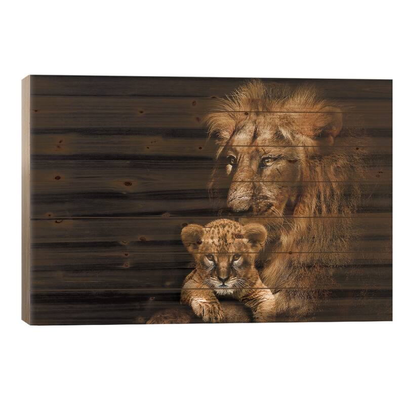 Lion Adult And Cub Print On Wood by Adrian Vieriu - Multi-Color - 18x26x1.5