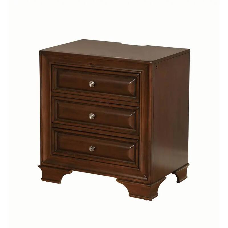 Brown Cherry Solid Wood Nightstand, 3 Drawers, Nickel Knob, Transitional Style w/ Nightlight