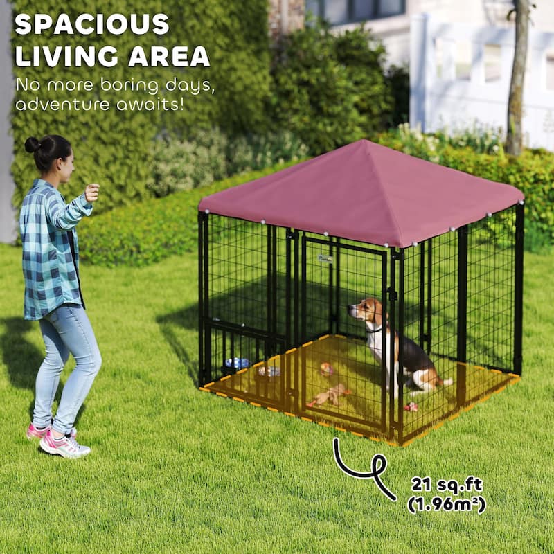 PawHut 4.6' x 4.6' x 5' Outdoor Dog Kennel, Welded Wire Heavy Duty Dog Run with 360° Rotating & 4 Level Adjustable Bowls