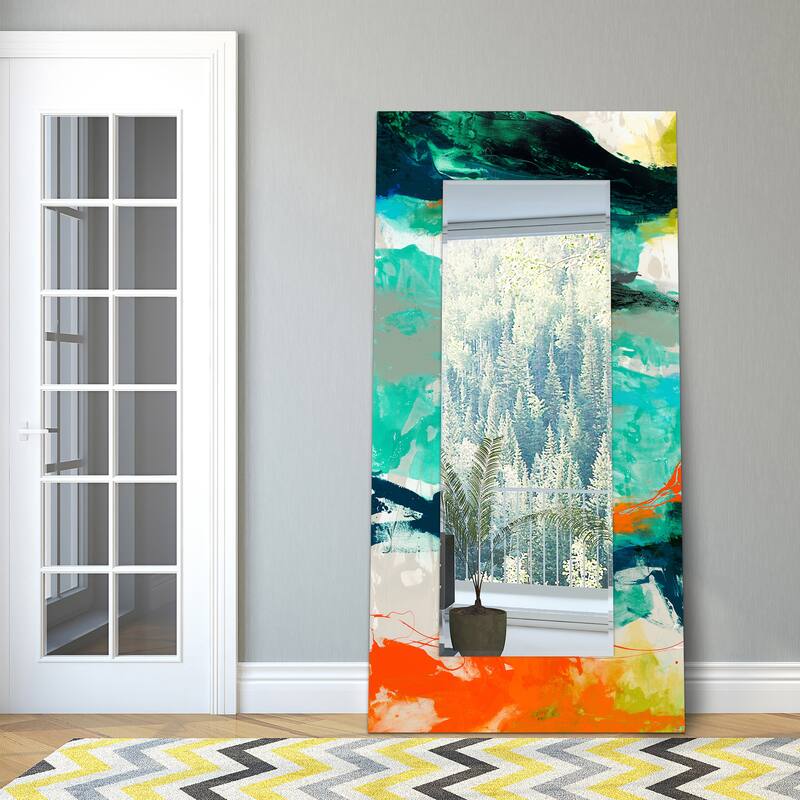 "Tidal" Abstract Rectangular Beveled Wall Mirror on Free Floating Printed Tempered Glass - Clear - 72 x 36