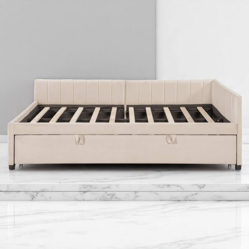 Stylish Full Size Daybed with Pull-Out Twin Trundle, L-Shaped Backrest, and No Box Spring Required