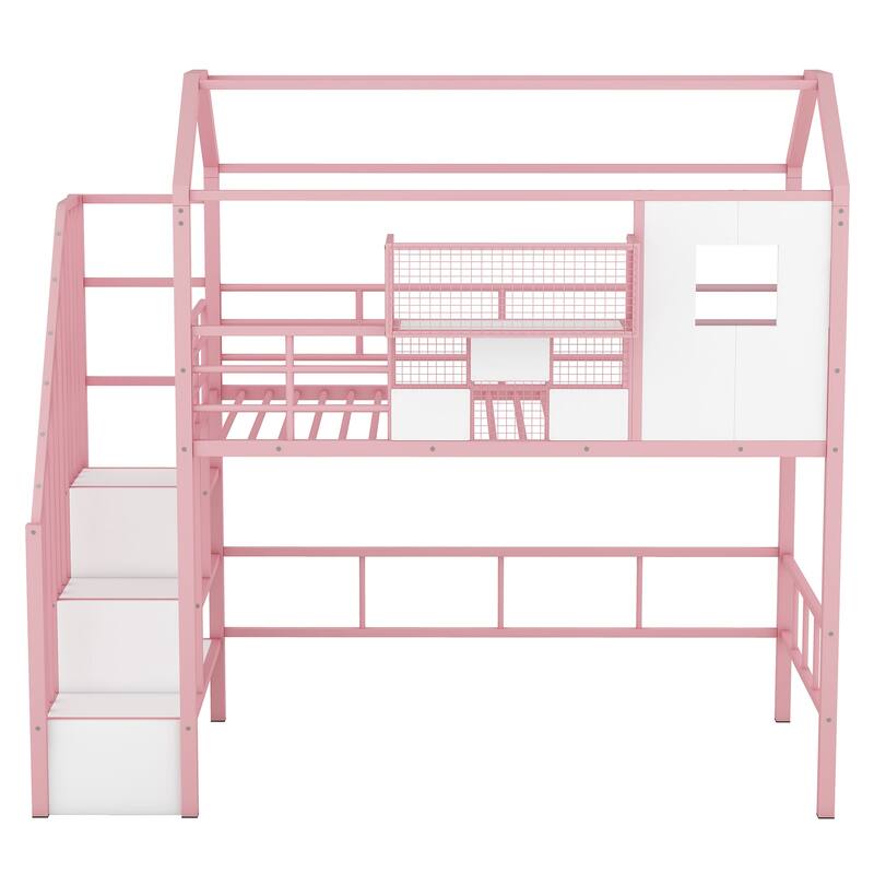 Metal Loft Bed for Kids with Roof Design, Storage Box, and Guardrails - Twin Size, Perfect for Small Spaces