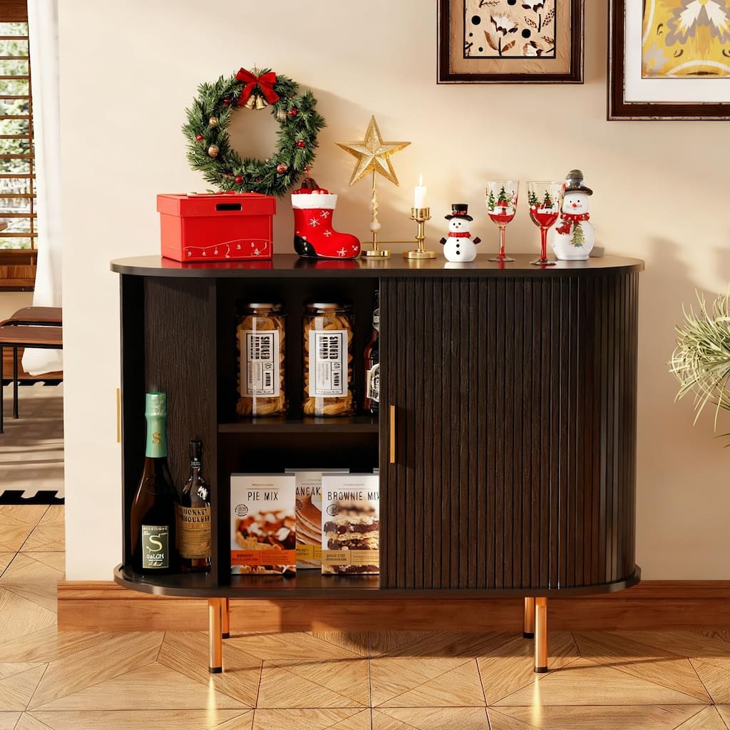 Sideboard Buffet Cabinet with Storage,Mid Century Modern Fluted Accent Coffee Bar with Tambour Sliding Doors & Adjustable Shelf