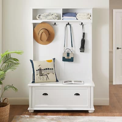 Coastal Style Hall Tree Entryway Bench with Open Shelves and Shoe Cabinets