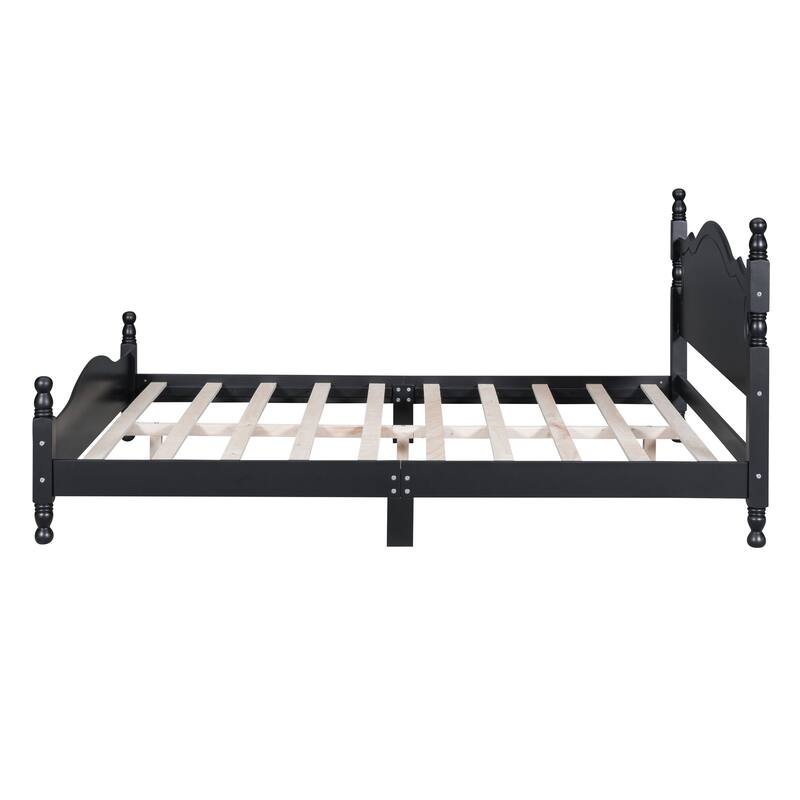 Queen Size Retro Wood Platform Bed Frame with Wooden Slat Support, Black