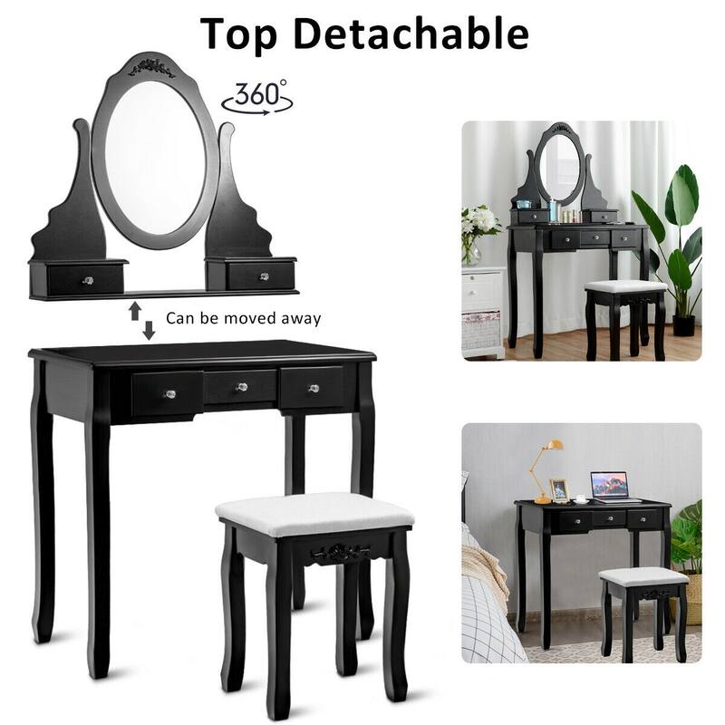 Gymax Vanity Jewelry Wooden Makeup Dressing Table Set W/Stool Mirror &