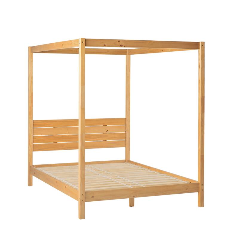 Bohemian Style Queen Canopy Bed, Solid Pine with Slatted Headboard - Natural - Queen