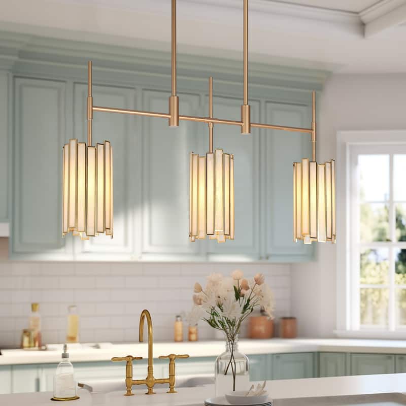 Tifany Moden Gold 3-Light Chandelier Textured Colored Glass Kitchen Island Light - L 30" x W 4.3" x H 17.3"
