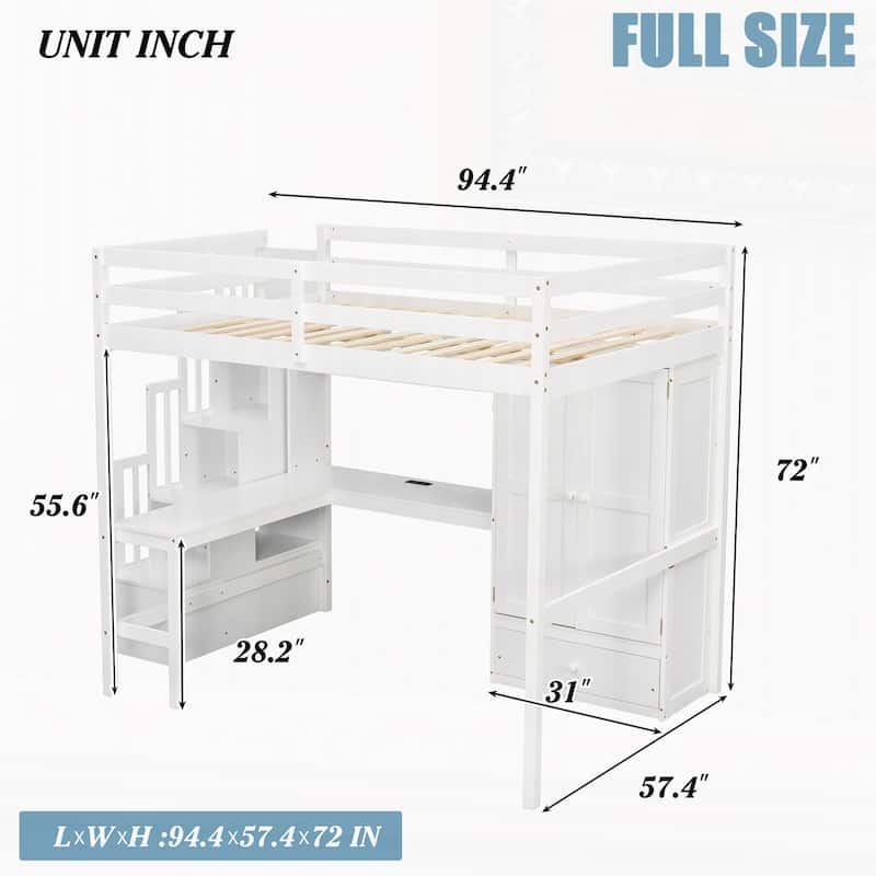 Full Size Wood Loft Bed with Desk, Wardrobe and Storage Staircase, USB Charging Station, Safety Guardrails