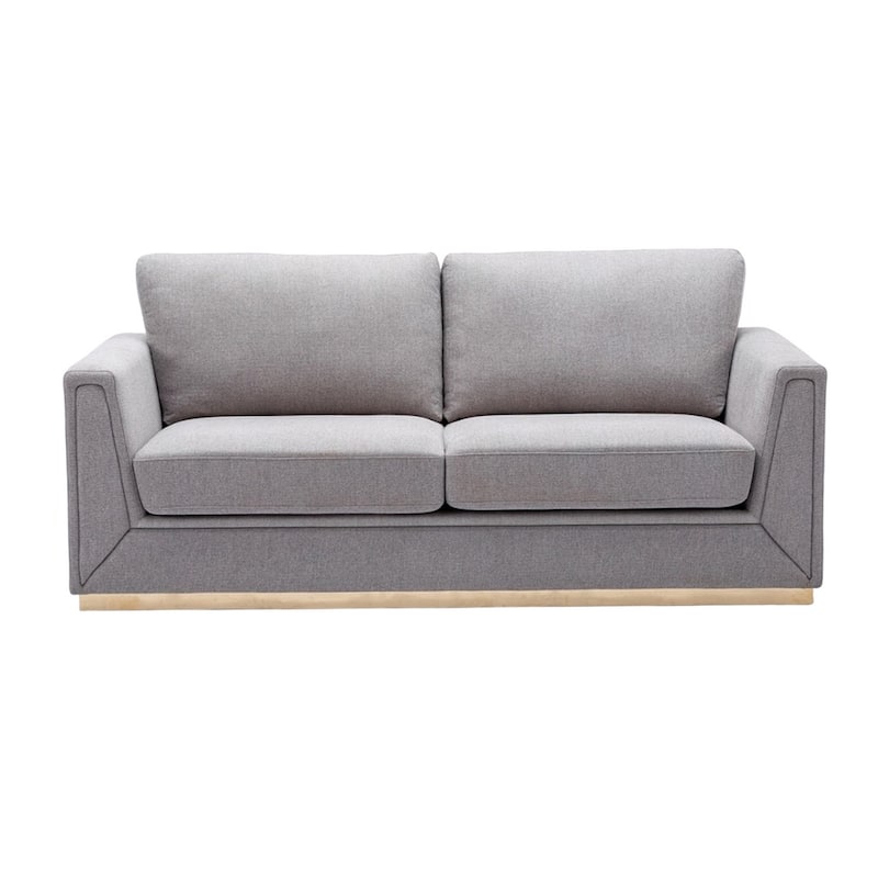 Sylvie Sofa, Gray Linen, Gold Metal, Modern Square Cushions 77 Inch