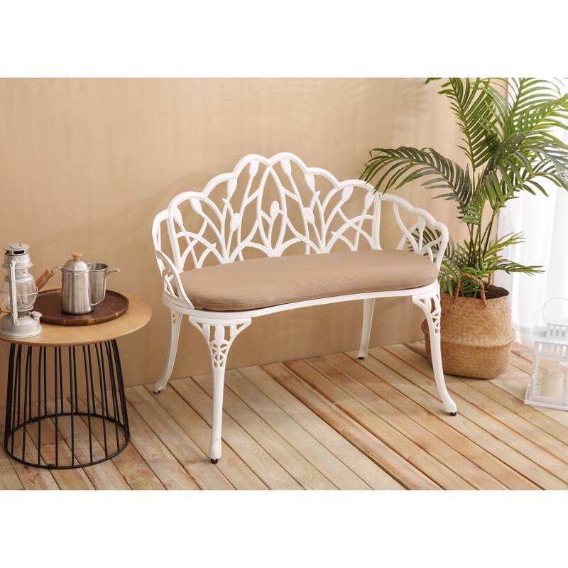 Patio Garden Bench -  Weatherproof Outdoor Seating | Carved Detailing|White