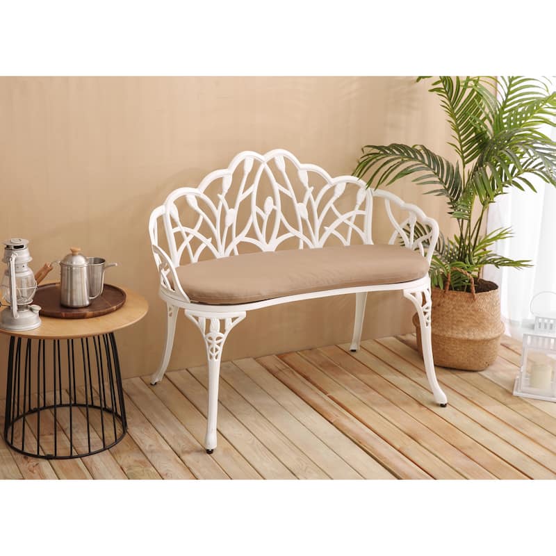 Patio Garden Bench Metal Park Bench Cast Aluminum Outdoor Furniture with Floral Rose，with cushion