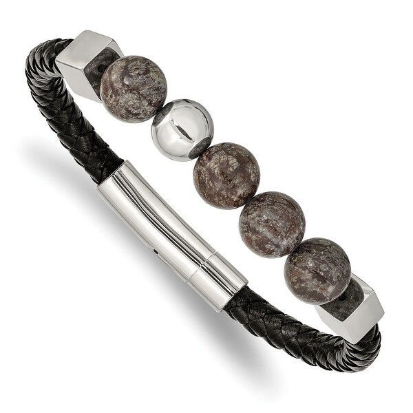 Chisel Stainless Steel Polished with Labradorite Black Leather 8.5 Inch Bracelet. Opens flyout.