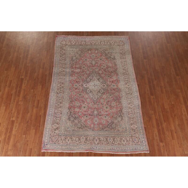 Traditional Mashad Persian Vintage Area Rug Hand-Knotted Wool Carpet - 6'4"x 9'7"