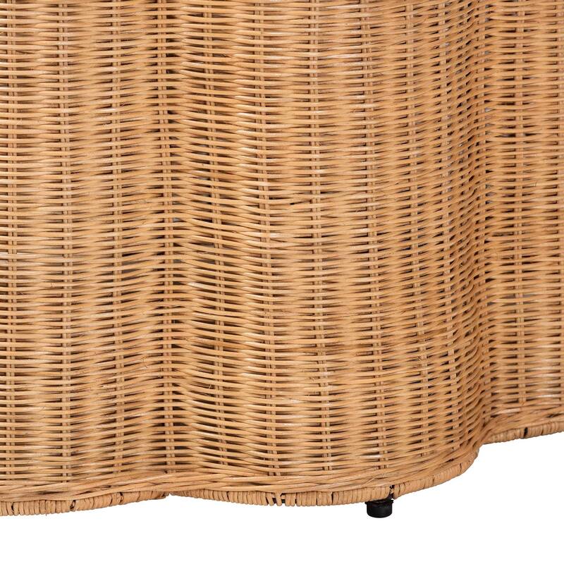 Palm Scallop Natural Rattan Console Table – Handwoven Wicker Round Accent Table for Living Room or Sunroom, Coastal Boho Style