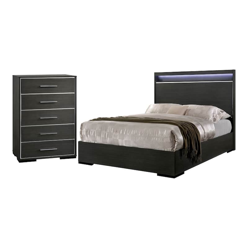 Furniture of America Kastela Contemporary Grey 2-Piece Panel Bed and Chest Set with LED