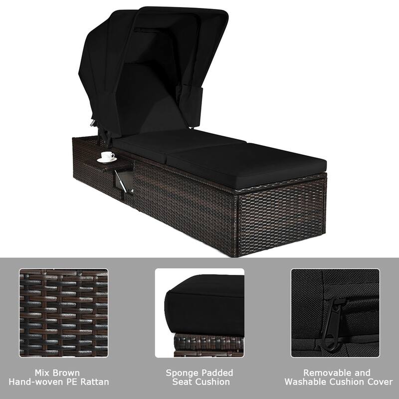 Gymax Set of 2 Rattan Patio Chaise Lounge Chair W/ Adjustable Canopy