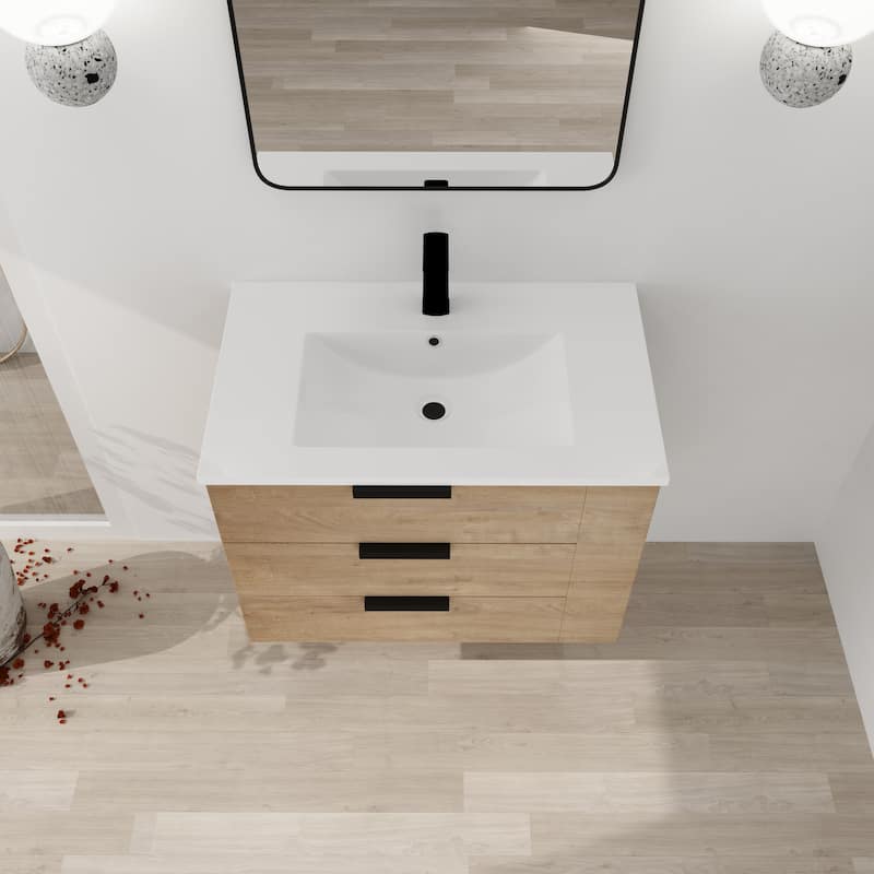 30 Inch Wall Mounting Bathroomg Vanity With Sink, Soft Close Drawer and Side Shelf
