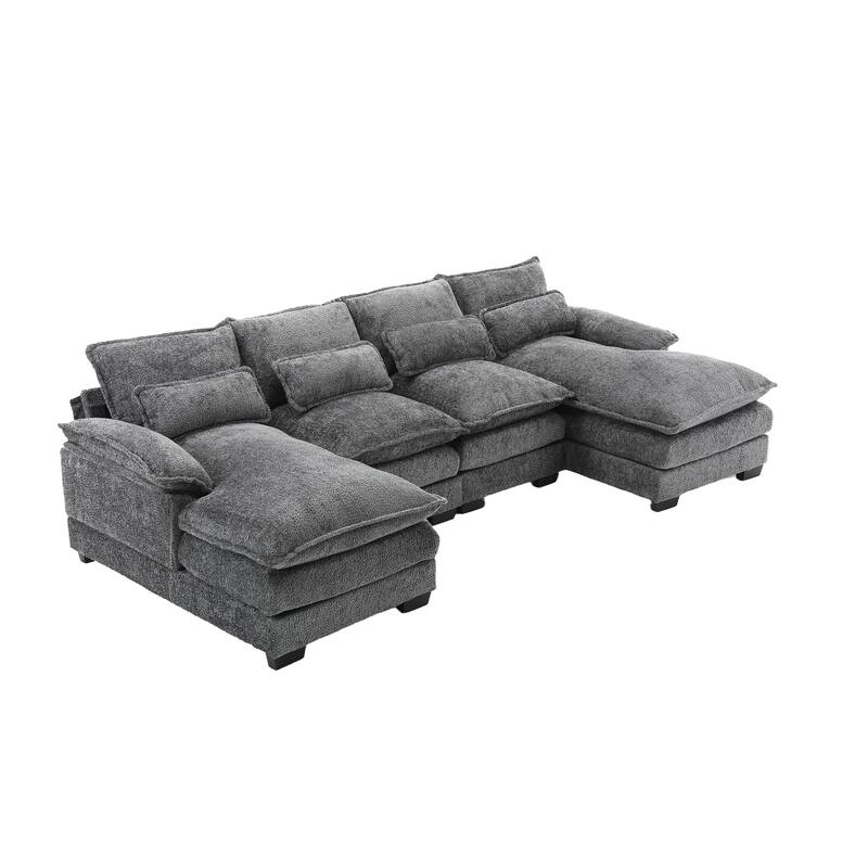 Gray Chenille U-Shape Reversible Sectional Sofa with Ottomans & Pillows