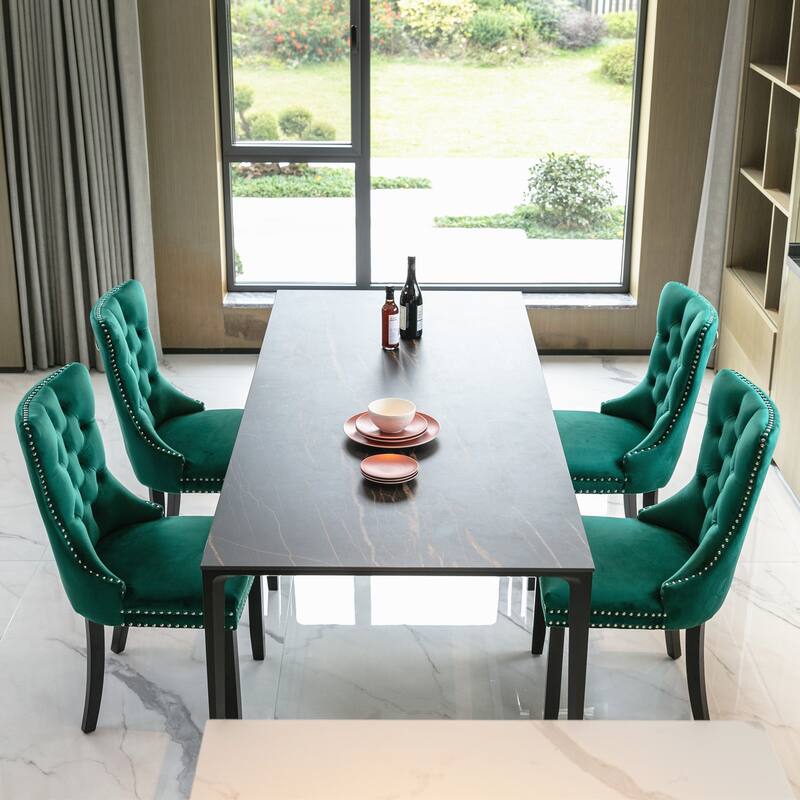 Velvet Dining Chairs Set of 2, Upholstered Dining Chairs with Button Tufted Back, Nailhead Trim & Ring Pull Wingback