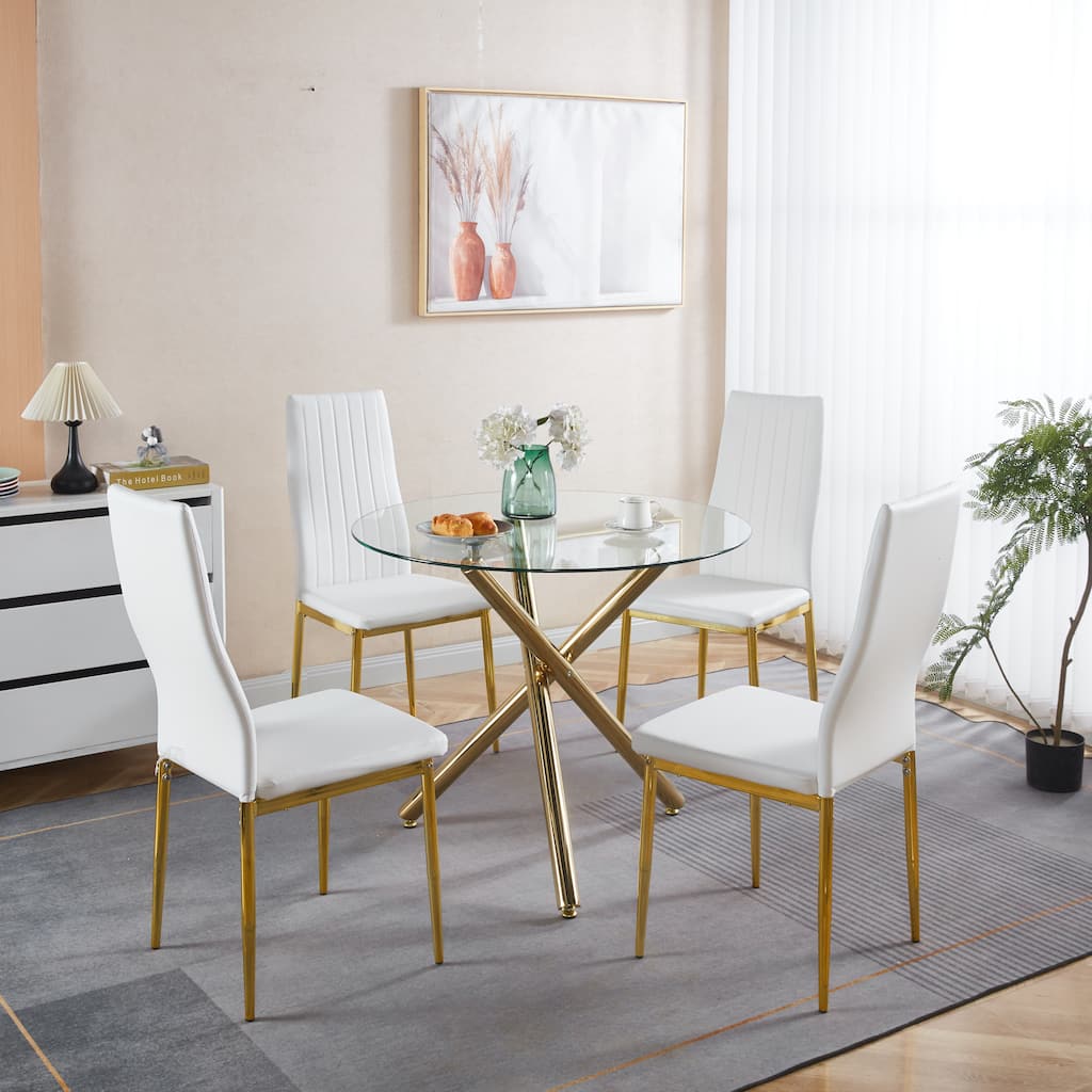 1+4, 5pieces dining set, Table metal leg Mid-century Dining Table for 4-6 people With Glass Table Top, Pedestal Dining Table