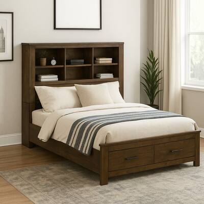 Maryl Queen Bed with Bookcase Headboard, Solid Wood, Oak Brown Finish