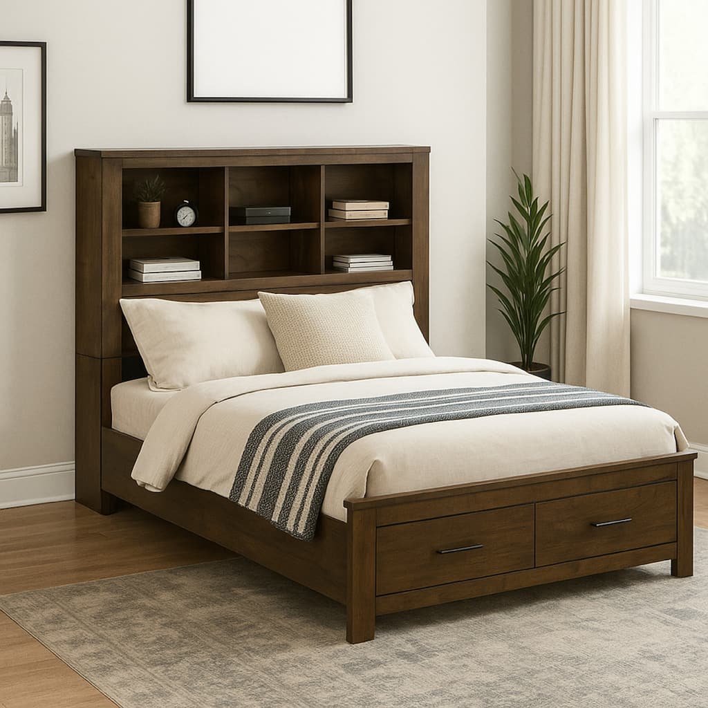 Maryl Queen Bed with Bookcase Headboard, Solid Wood, Oak Brown Finish