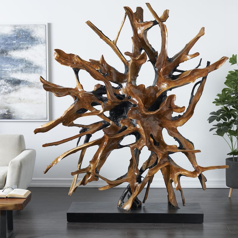 Teak Wood Abstract Handmade Large Oversized Tree Root Floor Decorative Sculpture - Brown or Light Brown - Roche River Decor