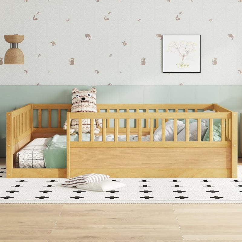 Full Size Wooden Children's Floor Bed with Safety Fence for Bedroom or Playroom