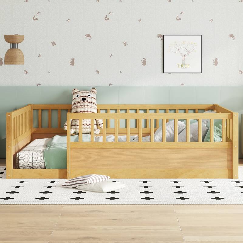 Solid Wood Floor Bed Frame without Slats, Montessori Kids Floor Beds with Full Length Fence, No Box Spring Needed - Natural - Full