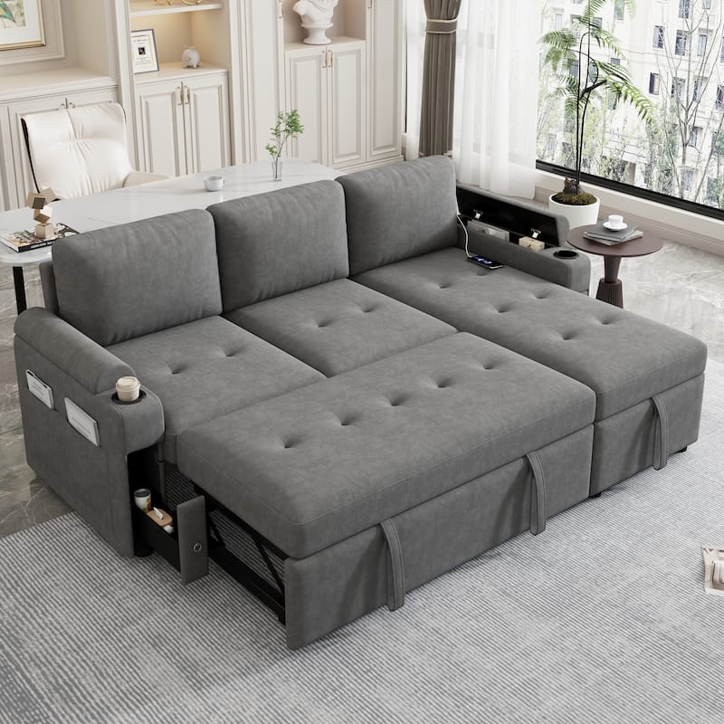 83.5" L-shaped Sofa Couch Convertible Sofa Bed Sectional Sofa with Ample Storage Space, Two Cup Holders and Two USB Ports