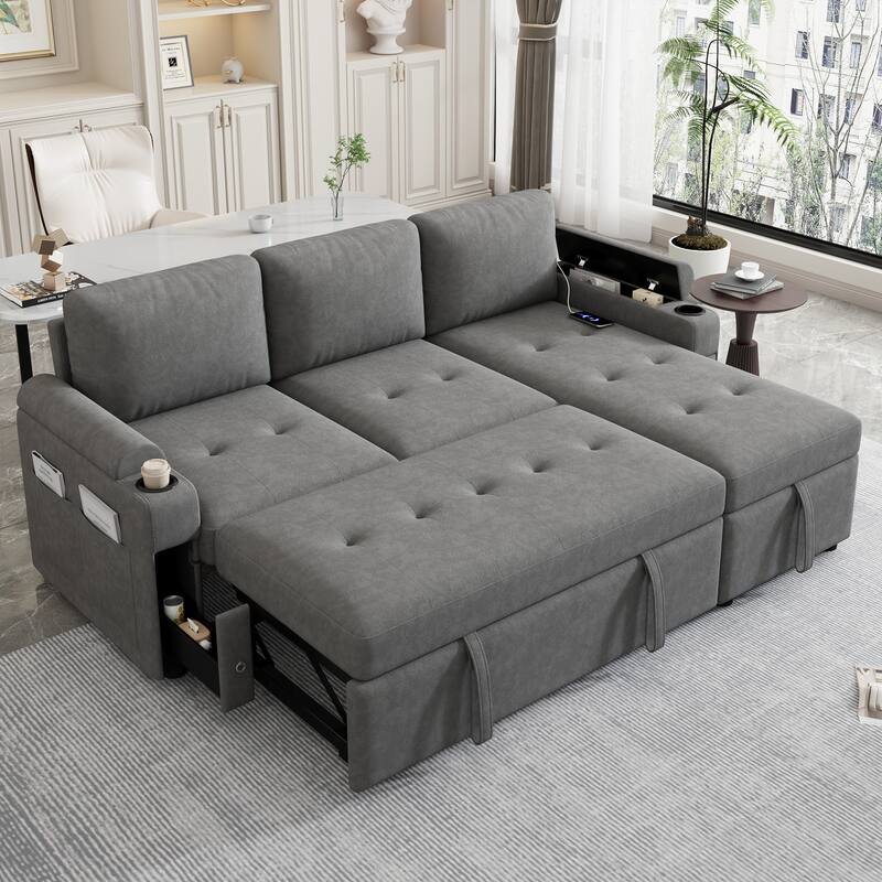 L-Shaped Convertible Sofa Bed with Reversible Chaise Lounge, Chenille Fabric Sectional Sofa with 2 Cup Holders & 2 USB Ports