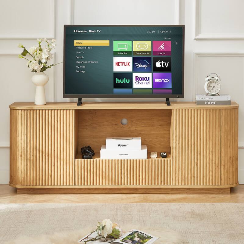 64-Inch Wavy TV Stand, Rounded Sideboard, Storage Cabinet, Wooden Vertical Stripe Cabinet - Natural