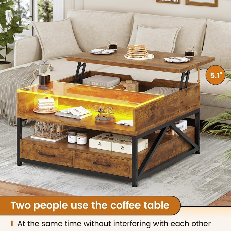 Coffee Table Lift Top 2 Drawers Hidden Compartment for Living Room