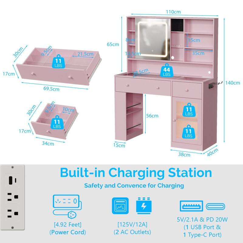 Particle Board Veneered , 2 Drawers, 1 Glass Door, Left and Right 2-tier Shelves, Glass Tabletop, Dressing Table - N/A
