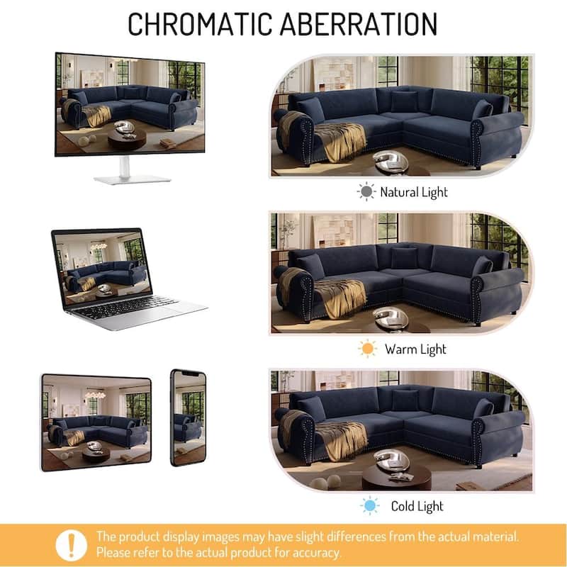 Homy Casa L-Shaped Sectional Sofa w/ Pull-Out Bed, Chenille Sleeper Couch w/ Nailhead Trim & Rolled Arm, Oversize