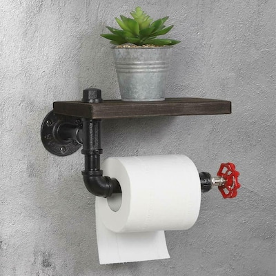 Metal Wall Mounted Toilet Paper Holder with Wood Shelf, Black