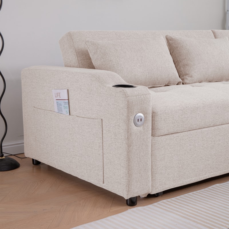 84"Adjustable Backrest Sofa Bed,3 in 1 Linen Sleeper with USB Ports & Cup Holders, Pull Out Couch Bed with Storage Chaise