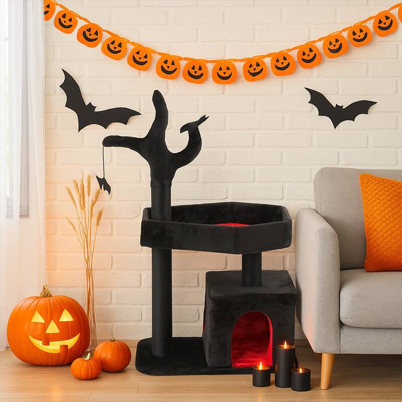 44" Gothic Cat Tree Tower with Condo, Coffin, Scratching Posts & Toys - 26.8 x 15.7 x 44.5 In